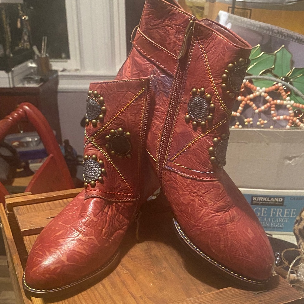 Red Embellished Ankle Boots